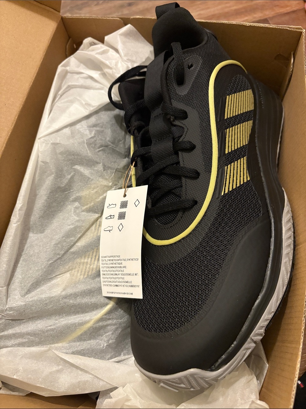 adidas Men's  OWN THE GAME 3.0 Black Athletic Sneakers with Yellow Trim,
